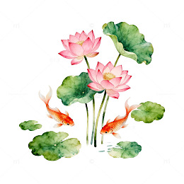 水墨风荷花金鱼手绘装饰设计素材