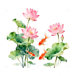 水彩荷花锦鲤图