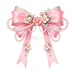 粉色丝带珍珠花朵装饰插画