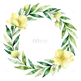 水彩花环黄花绿叶装饰素材
