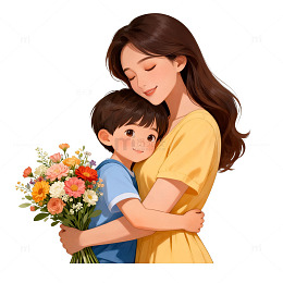 卡通母子鲜花拥抱温馨插画
