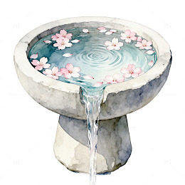 水彩风石盆樱花水景