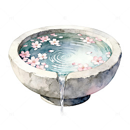 水彩日式樱花水盆插画