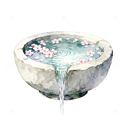 日式风格石盆樱花水景插画