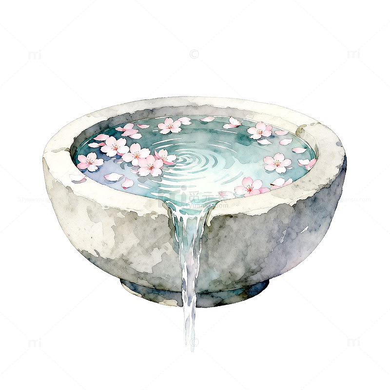 日式风格石盆樱花水景插画