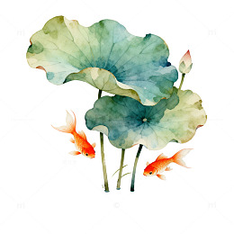 水彩荷叶金鱼装饰画