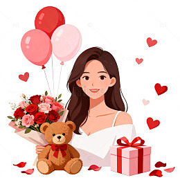 卡通风美女鲜花礼物插画设计素材