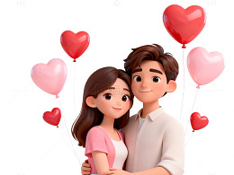 卡通情侣爱心气球插画