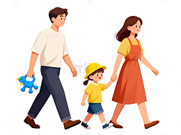 卡通一家三口散步插画