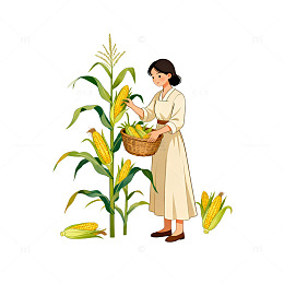 田园风女性摘玉米插画