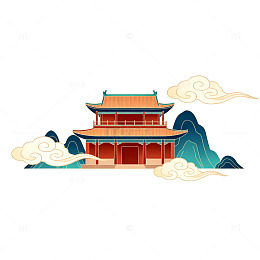 古风建筑山水画矢量素材