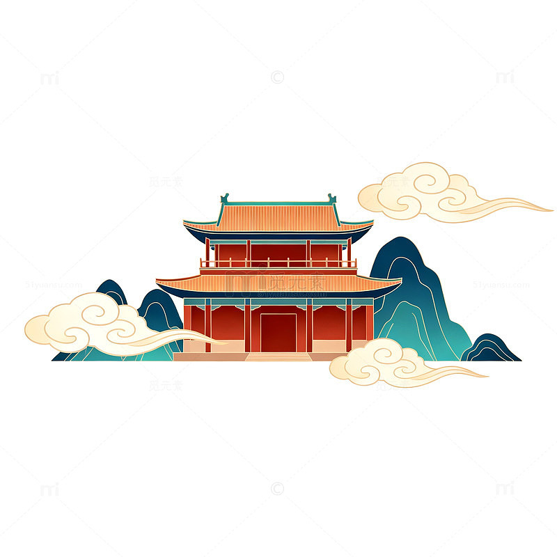 古风建筑山水画矢量素材