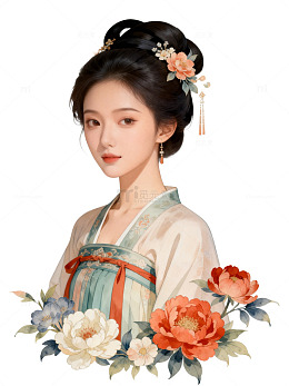 古风美女与花卉插画设计素材