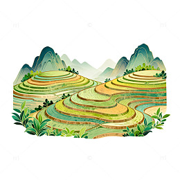水墨梯田山水画矢量插画