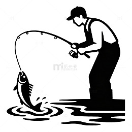 黑白简笔画钓鱼人图像