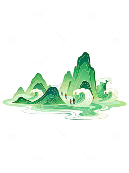 青绿山水画矢量插画素材