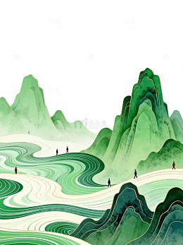 青绿山水画风格插画素材