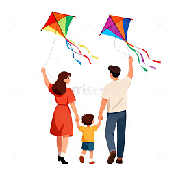 家庭放风筝卡通插画