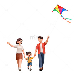 卡通家庭放风筝场景插画素材