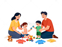 温馨家庭亲子游戏插画