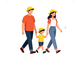 卡通家庭散步插画