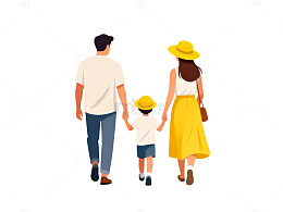 卡通一家三口牵手散步插画