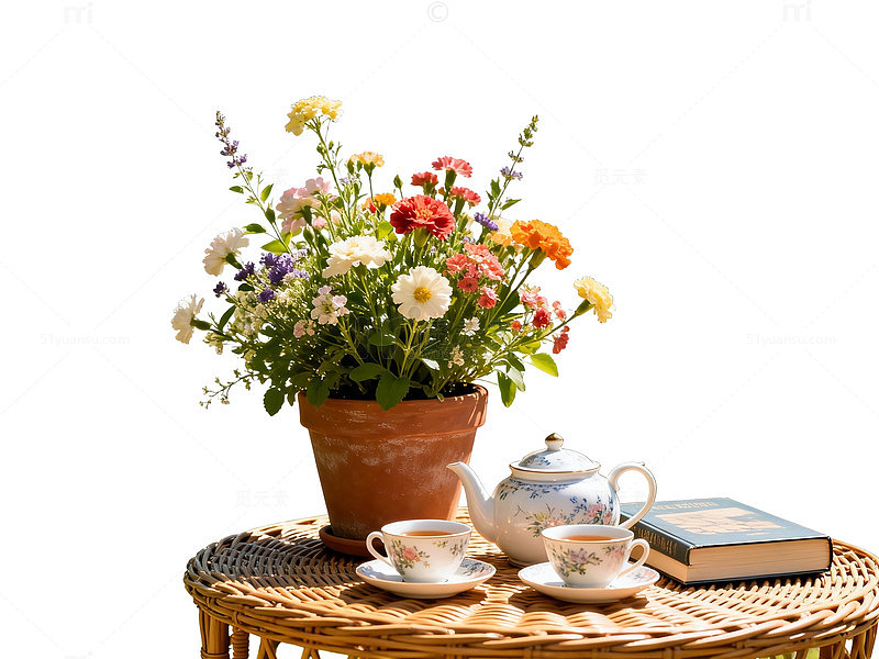 田园风格花卉茶具静物图