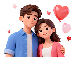 卡通情侣爱心气球浪漫场景