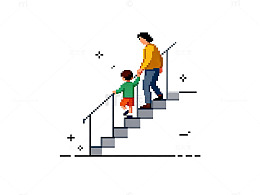 像素风格亲子上楼插画