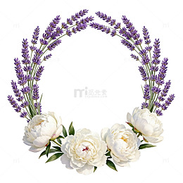 紫色薰衣草白色牡丹花环装饰设计素材