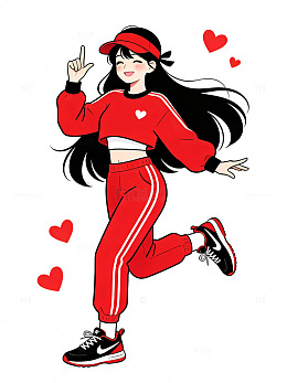 红色休闲卡通活力少女人物插画素材免扣