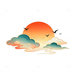 国潮风落日云彩飞鸟插画