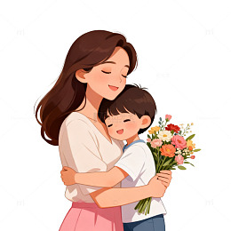 卡通母子拥抱鲜花插画