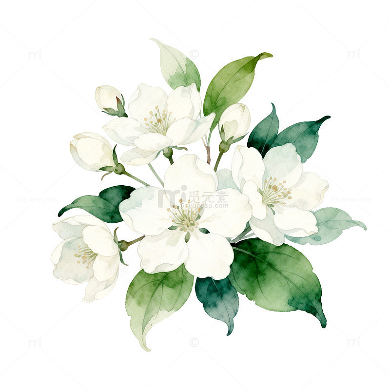 水彩白花香叶装饰画素材