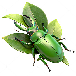 立体绿色甲壳虫与绿叶素材