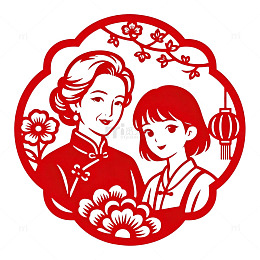 中国传统剪纸母女肖像图案