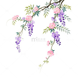 紫藤花枝水墨画设计素材