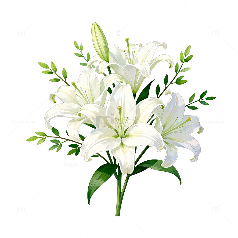 手绘白色百合花束插画