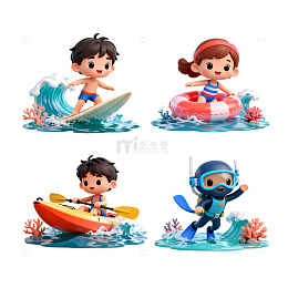 卡通风格海边嬉戏插画素材