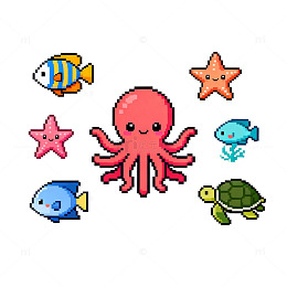 像素海洋生物卡通插画设计元素