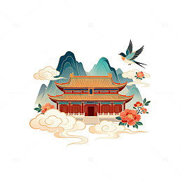 古风建筑山水画矢量设计素材