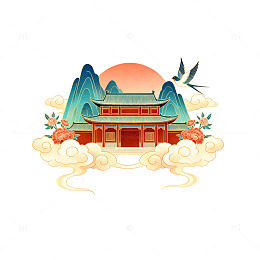 古风建筑山水画矢量插画