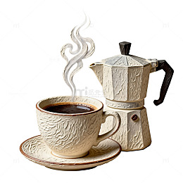陶瓷质感咖啡杯与摩卡壶绘画素材