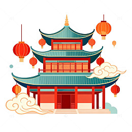 中国风古建筑灯笼插画