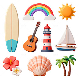 夏日海滩元素卡通插画设计素材