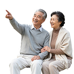 老年夫妇携手指远方微笑