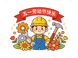 卡通五一劳动节工人庆祝插画