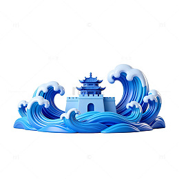 卡通海浪古城建筑图案