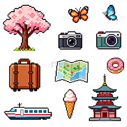 像素风格旅行元素图标集合