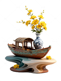 东方禅意花瓶船摆件装饰